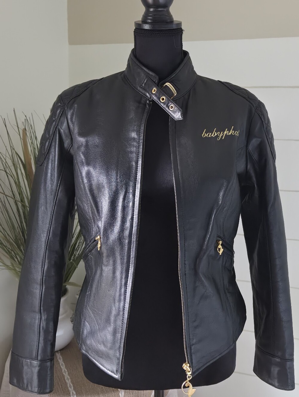 Baby Phat Black Leather S Moto Biker Jacket Vintage Y2K Glam Streetware